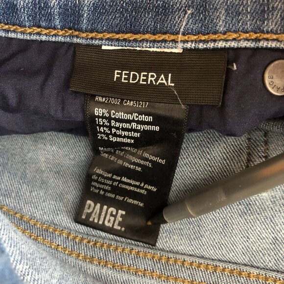 Paige Mens Jeans Federal Slim Straight Leg Irwin Wash 29 HEMMED - Picture 4 of 5